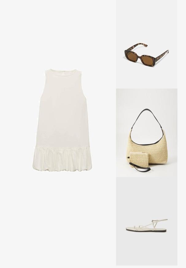 Weißes ärmelloses Kleid mit einem Rüschensaum. Glattes, leichtes Material; schlichtes Design mit Rundhalsausschnitt und ohne sichtbare Verschlüsse.; Beige flache Sandale mit mehreren schlanken Riemen und einer verstellbaren Schnalle. Die Sohle ist flach und hat einen leichten dunklen Kontrast am Rand.; Schildpatt-Sonnenbrille mit einem runden, klobigen Rahmen und braunen Gläsern. Verfügt über dezente Muster und gerade, zulaufende Bügel.; Geflochtene Strohtasche mit geschwungener Silhouette, ausgestattet mit einem glatten schwarzen Ledergriff und einem passenden kleinen Beutel, der mit einem Handgelenkriemen befestigt ist.