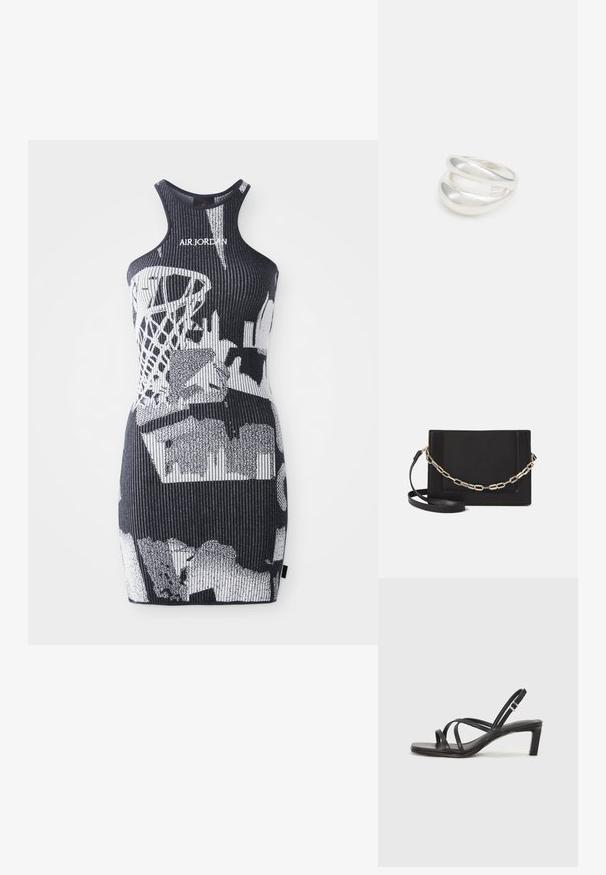 Čierna rebrovaná šaty v tank štýle s bielymi grafickými vzormi a logom "AIR JORDAN" na výstrihu. Úzky strih, dĺžka po kolená.; Čierne sandále na vysokom podpätku so štvorcovou špičkou a nízkym blokovým podpätkom. Obsahujú viacero tenkých popruhov a nastaviteľný členkový popruh. Vyrobené z hladkej kože.; Čierna kožená crossbody taška s hladkou textúrou, obdĺžnikovým tvarom a kovovým reťazovým detailom na prednej strane. Súčasťou je nastaviteľný popruh.; Strieborný prsteň s dvojitým pásikom s hladkým, lesklým povrchom. Má plynulý, zakrivený dizajn s prekryvajúcimi sa časťami pre moderný vzhľad.