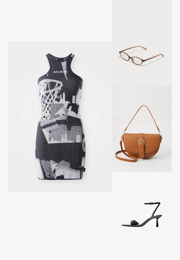 Czarna sukienka na ramiączkach z prążkowanego materiału, z białymi wzorami graficznymi i logo "AIR JORDAN" przy dekolcie. Dopasowany krój, długość do kolan.; Bershka - Sandały na obcasie; Brązowe okulary w motyle z owalnymi soczewkami, cienkimi ramionami i przezroczystymi akcentami. Posiadają subtelne logo na zauszniku. Smukły, lekki design.; Brązowa skórzana torba na ramię o zaokrąglonym kształcie, ze złotymi akcentami i zapięciem w formie klamry. Posiada odpinany pasek na ramię.