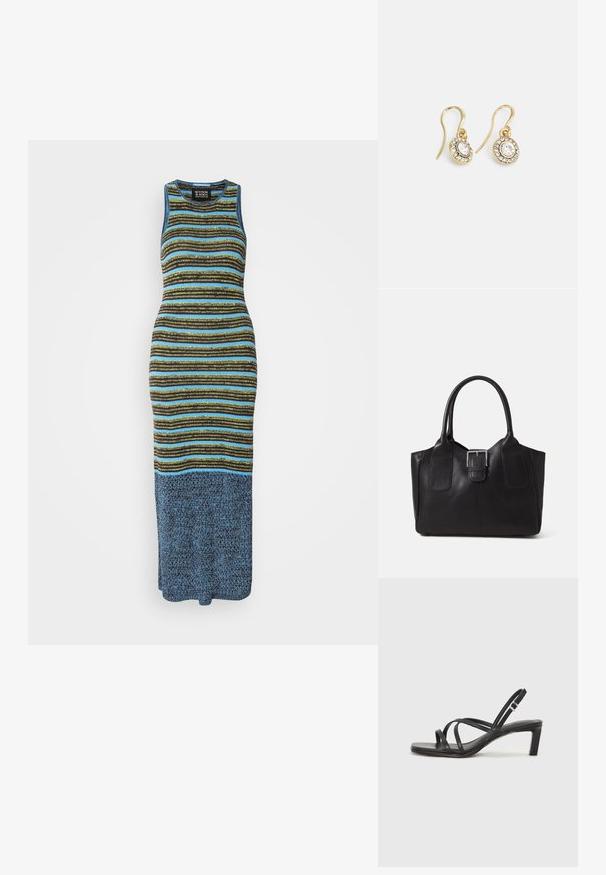 Pletené šaty bez rukávov s horizontálnymi pruhmi v zelenej, žltej a modrej farbe, prechádzajúce do jednoliatej modrej spodnej časti. Dizajn so guľatým výstrihom.; Čierne sandále na vysokom podpätku so štvorcovou špičkou a nízkym blokovým podpätkom. Obsahujú viacero tenkých popruhov a nastaviteľný členkový popruh. Vyrobené z hladkej kože.; Čierna kožená taška s hladkou textúrou, štruktúrovaným tvarom, dvoma uchami a výrazným strieborným prackovým detailom na prednej strane.; Náušnice zlatého odtieňa s oválnymi čírymi kryštáli obklopenými menšími čírými kameňmi, s háčikovým dizajnom pre bezpečné nosenie.