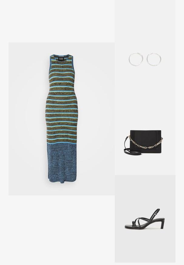 Kötött ujjatlan ruha, zöld, sárga és kék vízszintes csíkokkal, amelyek egy egyszínű kék alsó részre áttérnek. Kerek nyakkivágású dizájn.; Fekete pántos szandál négyzetes orral és alacsony blokk sarkal. Több vékony pánttal és állítható boka pánttal rendelkezik. Sima bőrből készült.; Fekete bőr keresztpántos táska, sima textúrával, téglalap alakú és fém lánc részlettel az elején. Állítható pánttal ellátva.; Ezüst karika fülbevalók, letisztult, kerek formával, sima felülettel és látható díszítés nélkül. A átmérő nem megadott.