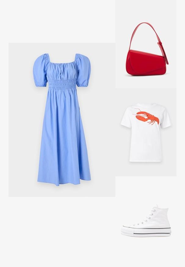 Modrá bavlnená šaty s štvorcovým výstrihom, pufovými rukávmi a smockovaným telesom, prechádzajúce do sukne po kolená s hladkou textúrou.; Biely bavlnený tričko s veľkým, jasne červeným grafickým zobrazením homára na prednej strane. Krátke rukávy a štandardný dizajn s okrúhlym výstrihom.; Biele vysoké plátené tenisky s čiernou gumovou podošvou, prednou gumovou špičkou a šiestimi okami na šnúrky, s čistým, minimalistickým dizajnom.; Červená kožená kabelka s ostrým, geometrickým dizajnom. Má jeden nastaviteľný popruh a uzatváranie na klopu so šitím.