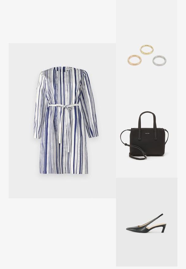 Riba kleit tumesinises ja valges, millel on nööpidega esiosa, pikad varrukad ja reguleeritava sobivuse jaoks vöö.; Must mustaga, terav varvas, madala kontsaga sildiga king, mis on valmistatud siledast nahast ja mille küljel on lõike disain hingavuse tagamiseks.; Musthave mustrans vöö ja eemaldatav õlarihm. Gludike nahk siledaga, millel on tõmblukk ja logo detail.; Kolme metallist rõngast: üks roosa kuld, üks kuld tekstuursete aktsentidega ja üks hõbe, kõik sisepoolt graveeritud brändinguga.