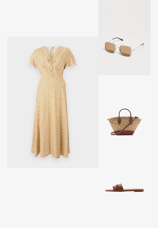 Maxikleid aus leicht gelbem Stoff mit floralem Muster in Braun. V-Ausschnitt mit gerafften Details und kurzen Ärmeln. Glatte Textur.; Braune Leder-Sandale mit zwei breiten Riemen, dekorativen Nähten und einem Akzent in Goldfarbe. Flache Sohle.; Goldene Metallsonnenbrille mit quadratischer Form, braun getönten Gläsern und subtilen grünen und roten Akzenten am Rahmen. Dünne, elegante Bügel.; Geflochtene Strohtasche mit braunen Lederakzenten, zwei Griffen und einem abnehmbaren Gurt. Kurvenform mit einem stabilen Boden.; Armband aus goldfarbigem Metall mit glatter Oberfläche und sieben klaren Strasssteinen, die gleichmäßig entlang des Bandes verteilt sind. Mit eingraviertem Logo im Inneren.