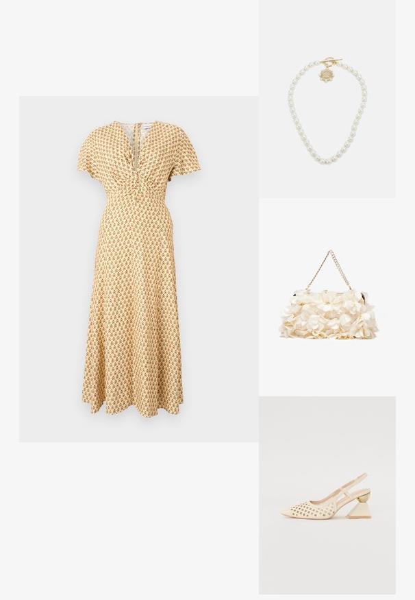 Rochie maxi dintr-un material galben deschis, cu un model floral în nuanțe de maron. Decolteu în V cu detalii plisate și mâneci scurte. Textură netedă.; Pantofii cu toc înalt, de culoare bej, clasic, cu partea superioară perforată, vârf ascuțit și un toc triangular contrastant cu un accent auriu. Textura este netedă în general.; Geantă albă cu flori, cu o suprafață din material adunat, bretea din lanț cu aspect auriu și închidere metalică. Prezintă petale texturate pentru un plus de detaliu.; Lauren Ralph Lauren COLLAR - Colier - gold-coloured/white