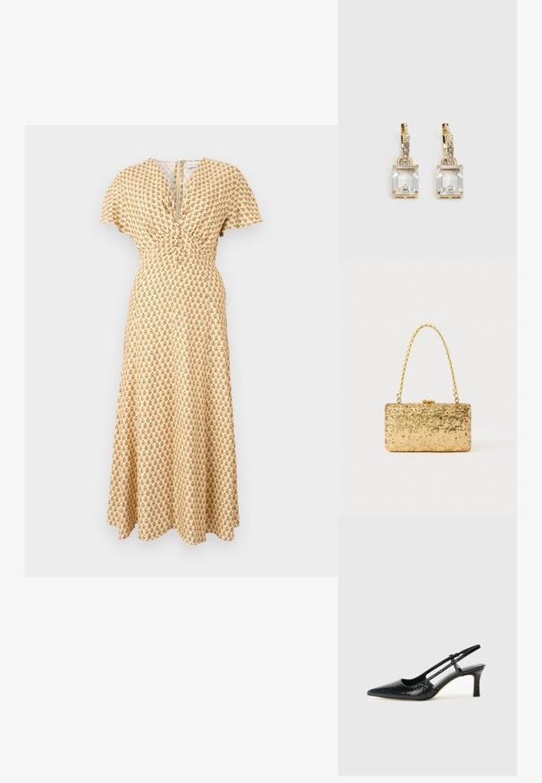 Gaišdzeltenas maxi kleita ar brūnu ziedu rakstu. V-veida kakla izgriezums ar savilktajiem detalizējumiem un īsām piedurknēm. Gluda tekstūra.; Melna patent āda ar slīdošo papēdi un smailo purngalu, ar teksturētu čūsku drukājumu, regulējamu siksniņu un īsu teksturētu blokpapēdi.; Zelta sekmju soma ar taisnstūra formu, kurai ir savīti ķēdes rokturi un metāla aizdare, kas atspoguļo gaismu ar teksturētu apdari.; Zeltītas auskaru rotas, kuru centrā ir taisnstūra formas caurspīdīgs kristāls, kas karājas zem mazu, apaļu caurspīdīgu akcentu rindas. Elegants, mūsdienīgs dizains.