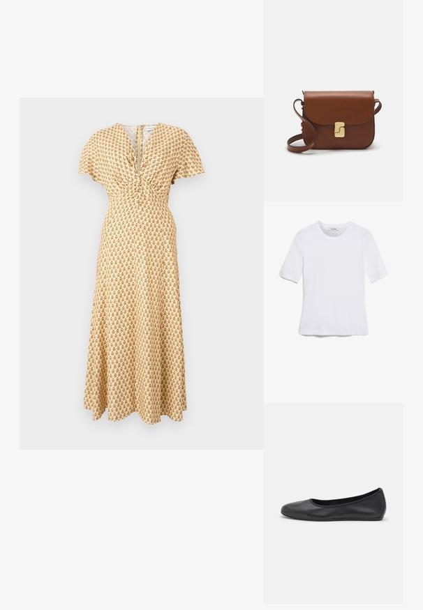 Maxi sukienka z jasnożółtej tkaniny z brązowym wzorem kwiatowym. Dekolt w kształcie litery V z marszczeniami i rękawami o skróconej długości. Gładka tekstura.; Biała koszulka krótki rękaw wykonana z materiału prążkowanego. Okrągły dekolt, regularny krój i subtelne detale szwów. Bez wzorów ani grafik.; Czarne skórzane baletki z zaokrąglonym noskiem, gładką fakturą, minimalnymi przeszyciami i elastycznym designem podeszwy.; Brązowa skórzana torebka na ramię z klapką, złotymi detalami, paskiem na ramię i gładką teksturą. Kompaktowy prostokątny kształt.