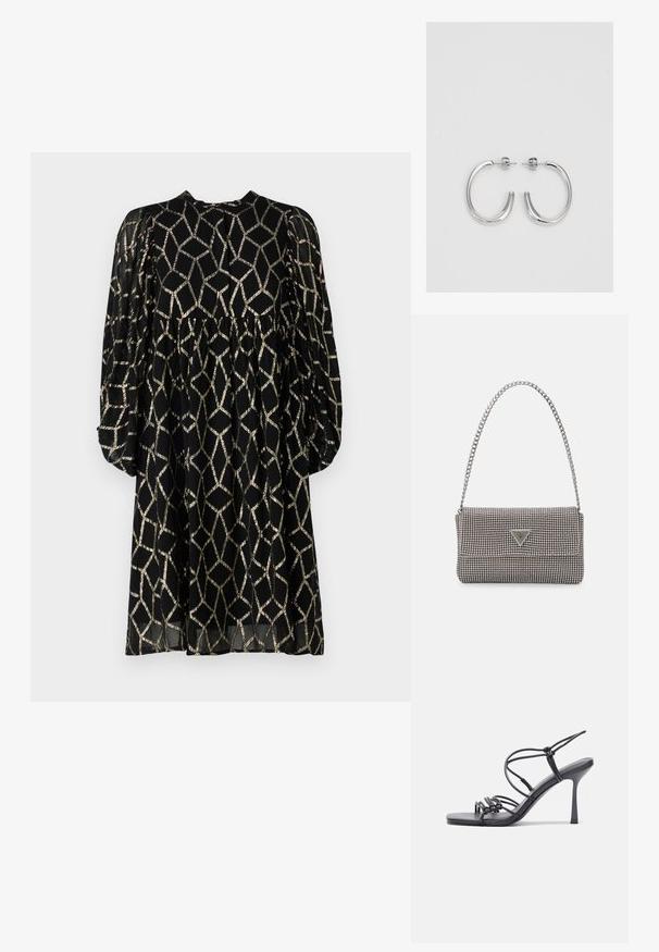 Melnas kleitas ar zeltainu ģeometrisku rakstu, garām puff piedurknēm, apaļu kakla izgriezumu un plūstošu siluetu. Vieglas, caurredzamas audums.; Melnas augstpapēžu sandales ar plāniem siksniņām un mezgla dizainu, gluda kvadrātveida purngalu un elegantu stiletto papēdi.; Gaiši pelēka metāla rokassoma ar ķēdes siksnu, rotāta ar mazām apaļām metāla kniedēm un trīsstūra zīmola logo.; Sudraba stīpas auskari ar gludu, spīdīgu virsmu, izceļas ar izliektaveida formu un aizdari ar tapu. Minimālistisks dizains ar mūsdienīgu apdari.