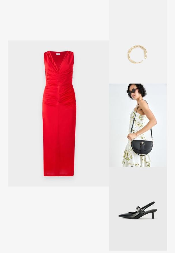 Červené bezrukávové midi šaty s výstrihom do V, s naťahovaním v oblasti pása a priliehavým strihom, vyrobené z hladkého elastického materiálu.; Čierne patentové kožené sandále na podpätku so špicatou špičkou a malým blokovým podpätkom, s dekoratívnou striebornou sponou na remienku.; Čierna kožená kabelka s zaobleným tvarom, odnímateľným popruhom a zlatými doplnkami. Kabelka má klopu s detailom s prackou.; Prsteň v zlatej farbe s organickým, skrúteným dizajnom, hladkým povrchom a zužujúcimi sa koncami, vytvárajúci moderný, sochársky vzhľad.
