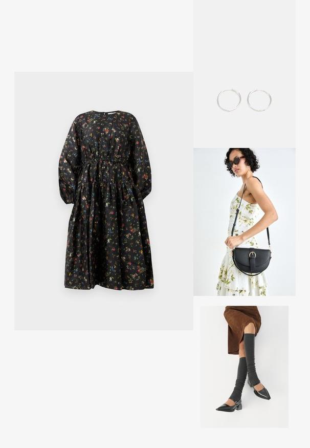 Vestido preto com flores, de manga longa, cintura elástica e saia em camadas. Apresenta pequenos padrões florais multicoloridos sobre um tecido suave.; Sapatos pretos de pele lacada com biqueira pontuda, salto bloco e tiras no tornozelo, combinados com caneleiras cinzas em malha e uma saia de camurça castanha.; Bolsa de couro preta com forma curva, alça destacável e detalhes em dourado. A bolsa possui uma aba com detalhe de fivela.; Brincos de argola prateados com um design arredondado e elegante, apresentando uma superfície lisa e sem adornos visíveis. Diâmetro não especificado.