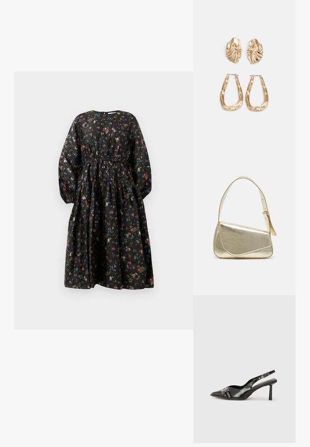 Černé květované šaty s dlouhými rukávy, nařaseným pasem a vícepatrovou sukní. Vyznačují se barevným květinovým vzorem a hladkou texturou látky.; Černá lakovaná slingback obuv s špičatou špičkou, kotníkovými pásky s kovovými sponami a příslušenstvím, a štíhlým podpatkem.; Zlatá metalická kabelka se strukturovaným designem, hladkým povrchem a nastavitelným popruhem. Disponuje unikátním trojúhelníkovým tvarem a minimalistickým prošitím.; Náušnice ve zlatém tónu s texturovanými, vlnitými tvary. Obsahují sochařské klipy a design otevřeného kruhu s kladivkovým povrchem.