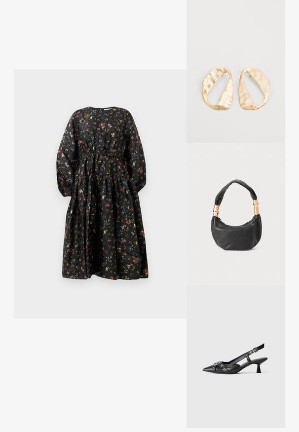 Fekete virágmintás ruha hosszú ujjakkal, rugalmas derékkal és viaszolt szoknyával. Többszínű apró virágminták díszítik a sima textilet.; Fekete bőr slingback cipő hegyes orral, dekoratív pántokkal, fém szemekkel és alacsony blokk sarkú. Texturált felület.; Fekete bőr kézitáska kerek formával, puha textúrával és csomózott fogantyúval, aranyszínű fém díszítéssel. Cipzáras záródás.; Egy pár szabálytalan, ovális formájú, aranyszínű fém fülbevaló, enyhén kalapált felülettel, fehér háttéren.