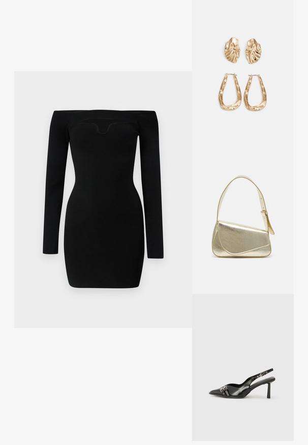 Svart avskärmad klänning med långa ärmar, figurnära silhuett, randig textur och detaljerad rund halsringning.; Svart lackläder slingbacksko med spetsig tå, ankelremmar med silverfärgade spännen och detaljer samt en smal klack.; Guldfärgad metallhandväska med en strukturerad design, slät textur och justerbar rem. Har en unik triangulär form och minimalistisk sömnad.; Örhängen i guldton med texturerade, vågiga former. Inkluderar skulpturala clip-on-stift och öppen hoop-design med hamrad finish.
