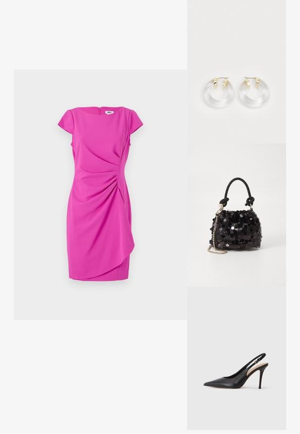 Pieguļošs rozā kleita ar īsām kapu piedurknēm, apaļu izgriezumu un diognālu raibošanos priekšpusē. Aprīkota ar diskētu aizmugurējo rāvējslēdzēju.; Melna ādas slingback augstpapēžu kurpe ar norādītu purngalu, gludu tekstūru un smalku siksniņu ar metalizētu sprādzi.; Melna spīguļota mini rokas soma ar mezglotu teksturētu siksniņu un sudraba ķēdi. Apaļa forma ar sakopotām malām un atstarojumu detaļām.; Caurspīdīgas akrila gredzenveida auskari ar zelta toņa metāla akcentiem un gludu apdari. Iespējas ir vienmērīgas, apaļas formas dizains.