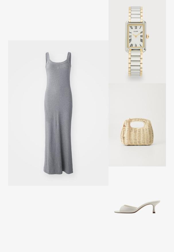 Siva brezrokavna maksi obleka iz mehkega, raztegljivega materiala. Ima okroglo ovratnico in prilegajočo silhueto, ki se razteza do dolžine gležnjev.; Bele odprte visoke petke z gladko površino, minimalističnim oblikovanjem in vitko peto, ki ima subtilen rjav odtenek na podplatu.; Tkaná slamnata torbica v svetle bež barvi s zaobljenim telesom, odprtim vrhom in odstranljivo naramnico. Opazna textura in dovršena vzorčna tkanina.; Cluse BELISSENA WATCH - Ura - silver-coloured/gold-coloured; Uhani z zlatim tonom v obliki obroča s zasukanim dizajnom, ki ima rebrasto teksturo in gladek finiš. Lahka in votla konstrukcija.