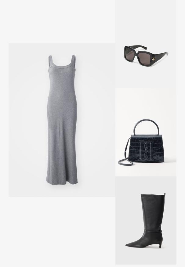 Szürke ujjatlan maxiruha puha, rugalmas anyagból. Kerek nyakkivágása és testhez álló sziluettje van, bokáig ér.; Fekete bőr, térd fölé érő csizma, hegyes orral, kör alakú pánttal a bokán és alacsony, keskeny sarkú. Simára csiszolt textúra.; Fekete, oversized napszemüveg sötét lencsékkel, fényes műanyag kerettel, lekerekített négyzet alakú designnal, és arany, összefonódó GG logóval az oldalán.; Fekete krokodilbőr hatású kézitáska, amelynek strukturált kialakítása van, felső fogantyúval, állítható pánttal és egy kiemelkedő elülső logó részlettel.; Arany színű brosúra, csomózott díszítéssel, sima, ívelt vonalakkal és bonyolult formával, fényes felülettel.