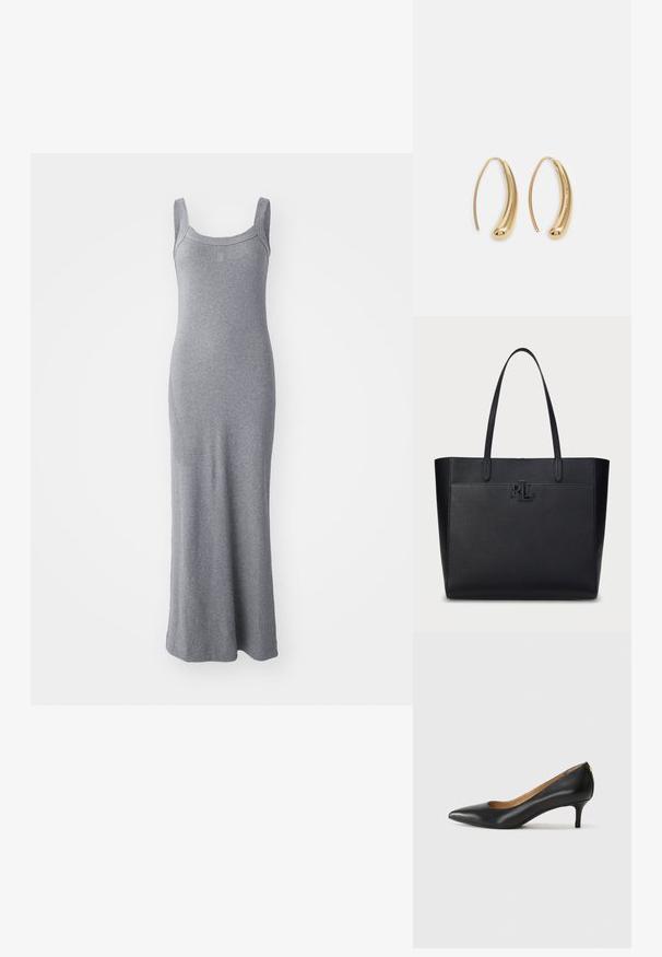 Szürke ujjatlan maxiruha puha, rugalmas anyagból. Kerek nyakkivágása és testhez álló sziluettje van, bokáig ér.; Fekete bőrpumpa hegyes orral, alacsony sarokkal és sima felülettel. Elöl enyhe nyílással rendelkezik, hátul pedig minimális részletezéssel.; Fekete bőrtáska texturált felülettel, dupla fogantyúkkal és az "RL" logó bemélyedésével elöl. Téglalap alakú, minimalista dizájn.; Aranyszínű fémből készült karika fülbevalók ívelt, hosszúkás formával. Simaságával és fényes felületével, valamint lekerekített végével további részletekkel bővül.