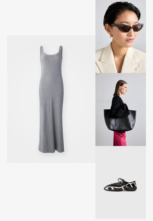 Siva haljina bez rukava maxi dužine od mekanog, rastezljivog materijala. Ima okrugli izrez i prilagođeni kroj koji seže do gležnjeva.; Crne i kremaste sportske tenisice s teksturiranim gornjim dijelom, koje imaju izrezane dizajne, vezice i rebrasti potplat za bolje prianjanje.; Smeđe naočale u obliku mačjih očiju s tamnim lećama, s debelim okvirima i glatkom teksturom, u kombinaciji s bež blejzerom i zlatnim prstenastim naušnicama.; Crna kožna torba tote s teksturiranom završnom obradom, koja ima dvije vertikalne linije, duple naramenice i minimalistički dizajn.