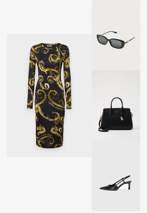 Svart langermet kjole med et gullornamentert mønster og logotext, figurtilpasset silhuett og glatt stoff. Knelang.; Sorte patent slingback hæl med spids tå, featuring tekstureret slangeskind, justerbar rem og en kort, tekstureret blokhæl.; Svarte rektangulære solbriller med grå linser og gullfarget løvehode-dekorasjoner på stengene. Glatt plastisk ramme, stilren design.; Svart skinnhåndveske med strukturert design, doble topphåndtak, avtakbar skulderrem, gullfarget hardware og en logo-detalj.