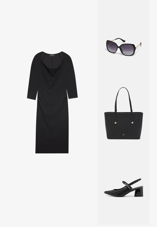 Melnas kleitas ar izslietām kakla daļu, trīs ceturtdaļu piedurknēm, pieguļošu formu un smalku savilkumu sānos. Izgatavota no gludas auduma.; Melns patentēts ādas sandales ar norādīta pirksta formu, noapaļotu izgriezuma dizainu un bloķētu papēdi. Iezīmēta ar zelta toņa sprādzi.; Melni pārmērīgi lieli saulesbrilles ar gradāciju lēcām, biezām rāmja malām un zeltainas krāsas ķēžu detaļām uz tempļiem.; Melnā somiņa, kas izgatavota no sintētiska materiāla, ar vienkāršu taisnstūra formu, zelta kvadrātveida akcentiem un divām rokturiem.