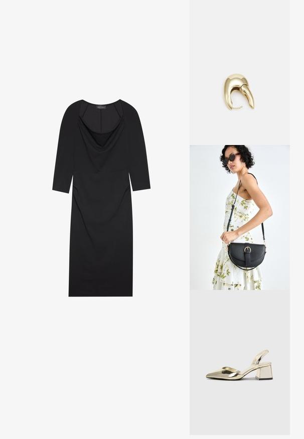 Svart kjole med cowl hals, trekvart ermer, tettsittende fasong og subtil rynk ved sidene. Laget av glatt stoff.; Gull, metallisk slingback-hæler med spiss tå og chunky hæl. Glatt tekstur, minimalistisk design og en smal stropp.; Svart lærveske med en buet form, avtagbar stropp og gullbeslag. Vesken har et klaff med spenne-detall.; Gullfarget metalløredobber med et elegant, buet design. Har en karakteristisk spiss form, polert overflate og hengsel-lukking.