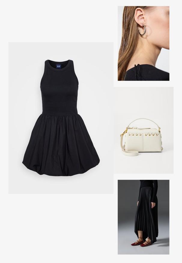 Schwarzes ärmelloses Kleid mit einem figurschmeichelnden gerippten Oberteil und einem weit ausgestellten, gerafften Rock, hergestellt aus leichtem Stoff. Schlichtes und vielseitiges Design.; Schwarzer, plissierter Rock mit einem High-Low-Saum, kombiniert mit glänzenden roten Ballerinas mit einem Riemen-Design. Der Stoff hat eine glatte Textur.; Weiße Kunstlederhandtasche mit einem oberen Reißverschluss, einem kurzen Griff und einem abnehmbaren Schultergurt mit goldfarbener Hardware. Seitliche Schnürdetails.; Silberne Creolen mit polierter Oberfläche, die kleine goldene Akzentdetails und eine runde Form aufweisen, am Ohrläppchen getragen.