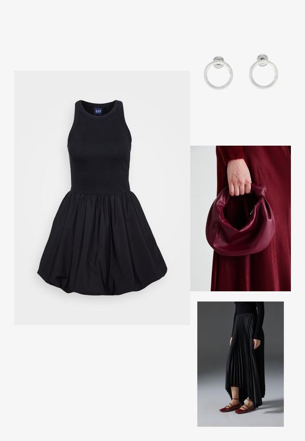 Musthave musta ilma varrukateta kleit, millel on kitsa ribadega ülaosa ja avar, koondatud seelikuosa, valmistatud kergest kangast. Lihtne ja mitmekülgne disain.; Mustmust seelik kõrgema ees- ja madalama taga servaga, kombineeritud läikivate punaste sussidega, millel on rihma kujundus. Kangas on sileda tekstuuriga.; Burgundia värvi nahk käekott, millel on pehme, kokku tõmmatav disain ja ümar kuju. Käepide on kindlalt kinnitatud, näidates siledaid pindu.; Hõbedased metallist rõngastooted, millel on harjatud tekstuur, ümmargune disain ja selge tagumine post, tagamaks kindlat kandmist.