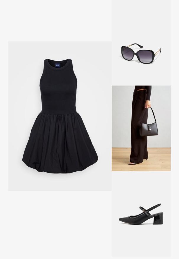 Musta olkaimeton mekko, jossa on tiukka ribbikuvioinen yläosa ja levenevä, poimutettu hame, valmistettu kevyestä kankaasta. Yksinkertainen ja monipuolinen muotoilu.; Musta lakattu nahka slingback-korkokengät, joissa on terävä kärki, pyöreä aukko-muotoilu ja lohkokorko. Varustettu kultasävyisellä solkiyksityiskohdalla.; Mustat ylisuurten kehysten aurinkolasit, joissa on liukuväri-linssit, paksut kehykset ja kultasävyiset ketjustuskoristeet temppeleissä.; Musta käsilaukku, jossa on rakenteellinen muoto, sileä pinta ja metallinen solki. Yhdistetty leveisiin mustiin housuihin ja avonaiheisiin sandaaleihin puulattialla.