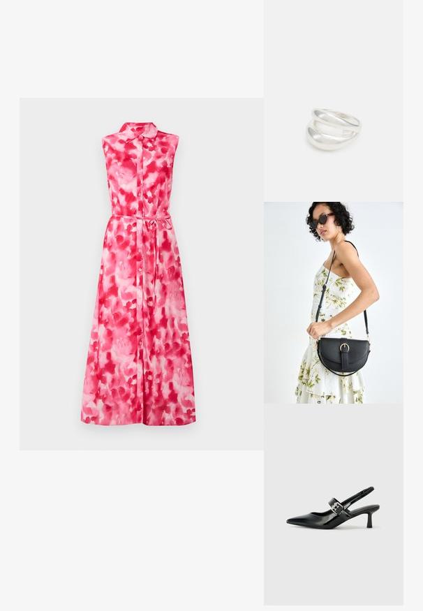 Kätsepäe roosa kleit, millel on akvarellmuster, nööpide eesmine osa, krae ja vöö talje kohal reguleeritava sobivuse jaoks. Sile kangast tekstuur.; Mustad patenteeritud nahast sildiga kontsad, millel on terav nina ja väike plokk-konts, mille rihmal on hõbedane pandla aksessuaar.; Mustmust mustraha kõverate joontega, eemaldatava rihmaga ja kuldsete detailidega. Kotil on klapp, millel on pandladetail.; Hõbedane kahekordne rõngas sujuva, poleeritud pinnaga. Omab voolavat, kõverat disaini, millel on kattuvad sektsioonid, et saavutada kaasaegne ilme.