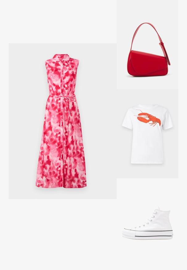 Ermeløs rosa kjole med et akvarellmønster, knapper i front, krage og belte i midjen for justerbar passform. Glatt stofftekstur.; Hvit bomull t-skjorte med et stort, lyst rødt hummermotiv på fronten. Korte ermer og standard rund hals-design.; Hvit høy-skinn kanvas sneakers med svart gummisåle, gummitåhette foran og seks hull for snorer, med et rent, minimalistisk design.; Rød lærveske med en vinklet, geometrisk design. Har en enkelt justerbar stropp og en klaffelukking med sydd detaljer.