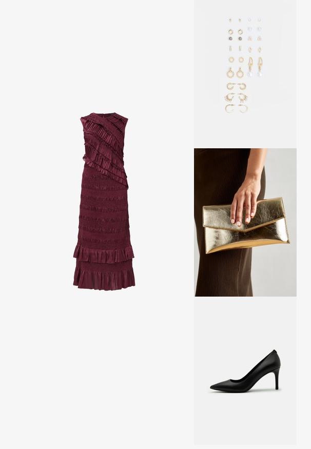 Bordowa sukienka bez rękawów z warstwowymi falbanami i marszczonym wzorem, z dopasowaną górą i rozszerzanym dołem.; Czarne szpilki wykonane z gładkiej skóry, z wąskim noskiem i smukłym obcasem w kształcie słupka. Minimalistyczny design bez widocznych zdobień.; Złota metaliczna kopertówka o gładkiej teksturze, z trójkątnym zapięciem na klapkę. Ręka trzymająca torbę ma starannie wypielęgnowane paznokcie.; Zestaw kolczyków w kolorze złotym, zawierający różne wzory, w tym klipsy, kółka oraz zwisające elementy z perłami i cyrkoniami.