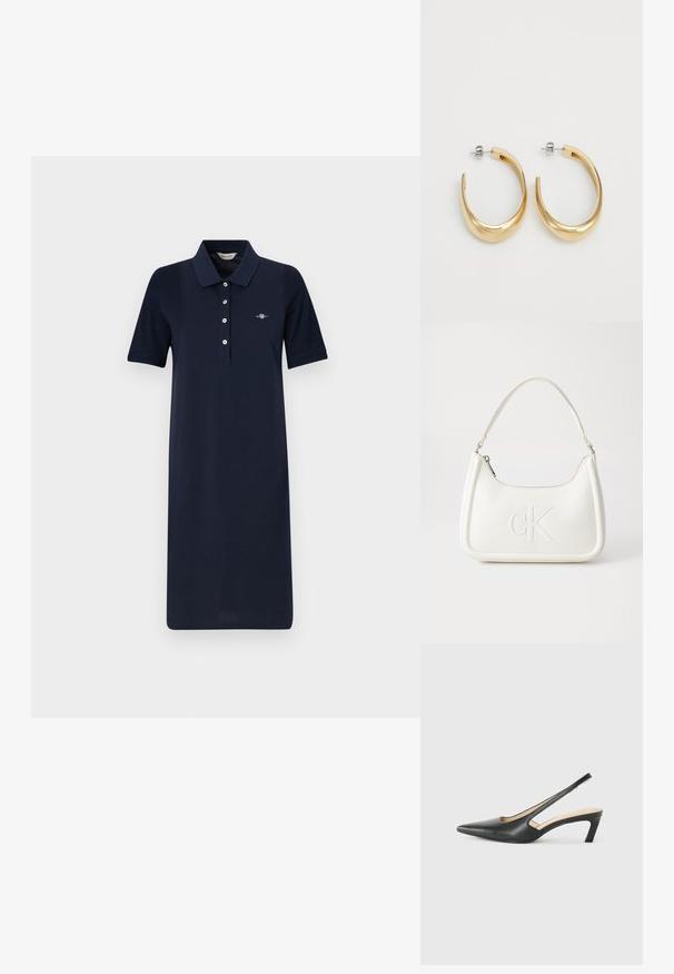 Rochie polo de culoare bleumarin, cu mâneci scurte, deschidere cu butoane și logo brodat pe piept. Fabricată din bumbac, cu o textură netedă, design până la genunchi.; Pantof cu toc mic, cu vârf ascuțit și slingback, realizat din piele netedă, având un design decupat pe lateral pentru respirabilitate.; Geantă de umăr din piele albă cu formă curbată, având un logo "CK" embosat pe partea din față și un singur braț de umăr. Închidere cu fermoar în partea de sus.; Cercei cercei de tip hoop de culoare aurie, cu un design neted și curbat. Fabricate din metal, având un finisaj elegant și închidere cu tijă.