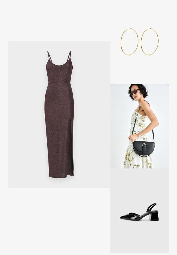 Lesklé bordó maxi šaty s tenkými ramienkami, priliehavým strihom a bočným rozparkom pre zvýraznenie detailu. Jemná, textúrovaná látka.; Čierne lakované kožené sandálové podpätky s špicatou špičkou a geometrickým blokovým podpätkom. Disponujú elegantným, minimalistickým dizajnom a hladkým povrchom.; Čierna kožená kabelka s zaobleným tvarom, odnímateľným popruhom a zlatými doplnkami. Kabelka má klopu s detailom s prackou.; Zlaté kruhové náušnice s hladkým, zaobleným dizajnom. Tenké a ľahké, s nepřerušeným okruhom bez akýchkoľvek ozdôb.