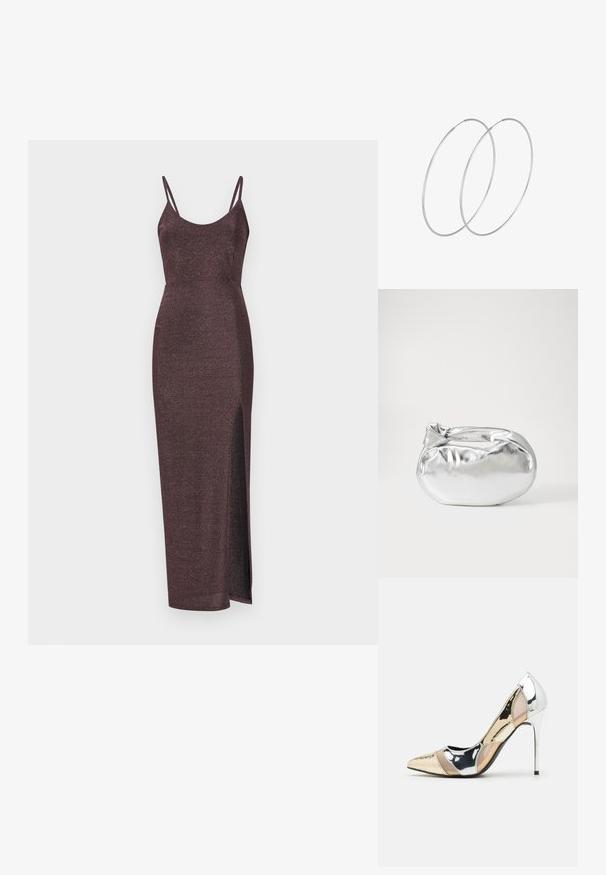 Sjajna burgundska maksi haljina s tankim naramenicama, priljubljena silueta i izrezom sa strane za dodatni detalj. Mekani, teksturirani materijal.; Cipele s visokom potpeticom i špicastim vrhom u srebrnoj, zlatnoj i nude boji. Sjajan finiš s izrezbarenim dizajnom, s potpeticom u obliku stiletto.; Srebrna metalik torbica s mekim, zaobljenim oblikom i čvorastim zatvaranjem na vrhu. Izrađena od glatke sintetičke kože.; Srebrne okrugle naušnice s minimalističkim dizajnom. Kružni oblik, glatka tekstura i tanak profil. Lagane s poliranim završetkom.