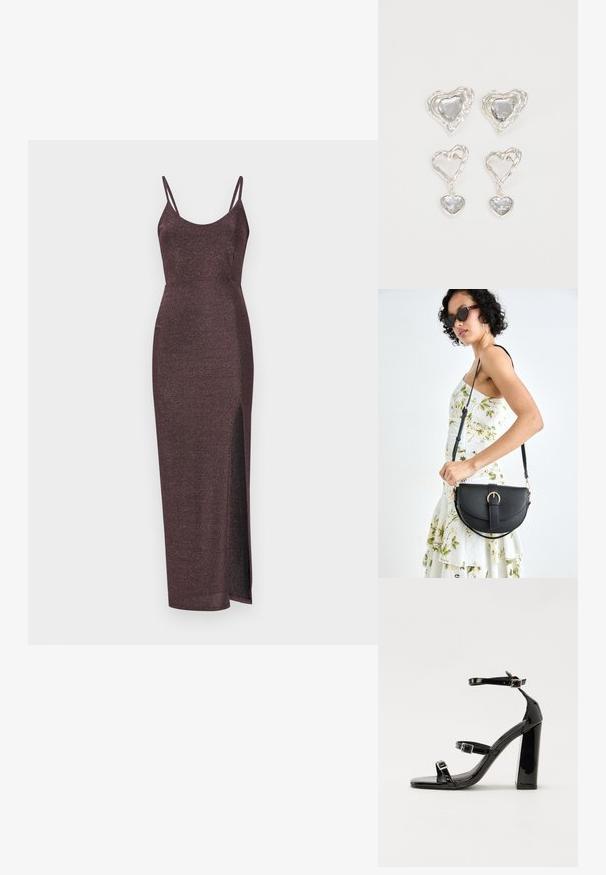 Rochie maxi burgundy strălucitoare, cu bretele subțiri, siluetă mulată și o deschidere laterală pentru un detaliu suplimentar. Material moale, texturat.; Sandale cu toc din patent negru, cu vârf pătrat, curele la gleznă și catarame din argint. Dispune de un toc gros pentru stabilitate.; Geantă din piele neagră, cu o formă curbată, curea detașabilă și accesorii aurii. Geanta are un capac cu un detaliu tip cataramă.; Cerceii în formă de inimă argintie sunt decorați cu pietre clare fațetate, având un cadru texturat. Setul include stiluri cu buton și cu pandantiv.