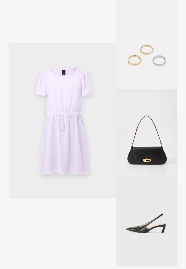 Lila obleka s kratkimi rokavi z nabrano pasom in detajlom z vrvico, narejena iz mehkega in lahkega materiala. Ima kvadratni izrez.; Črne čevlje s koničastimi nosovi in slingback obliko z nizko peto, izdelane iz gladke usnjene materiale ter s črtasto zasnovo na strani za prezračevanje.; Črna usnjena torba s ukrivljeno zasnovo, z zlatimi dodatki in zgornjim ročajem. Ima eleganten zapirni mehanizem in gladko teksturo.; Trije kovinski prstani: eden rožnato zlati, eden zlat z teksturiranimi detajli in eden srebrn, vsi z vgraviranim logotipom na notranji strani.