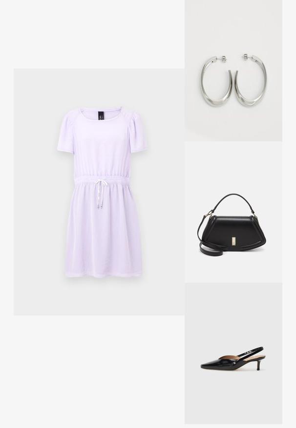 Lilac short-sleeve dress with gathered waist and drawstring detail, made from a soft, lightweight material. Features a square neckline.; Black patent leather slingback pump with a pointed toe, small heel, and a cutout design on the vamp. Gold-tone hardware accent on the side.; Black leather handbag with a structured design, featuring a cropped shape, top handle, and gold hardware accent. Adjustable shoulder strap included.; Black leather handbag with a structured design, featuring a cropped shape, top handle, and gold hardware accent. Adjustable shoulder strap included.; Silver hoop earrings with a smooth, curved design. Features a shiny metallic finish and stud closure. No visible patterns or accents.