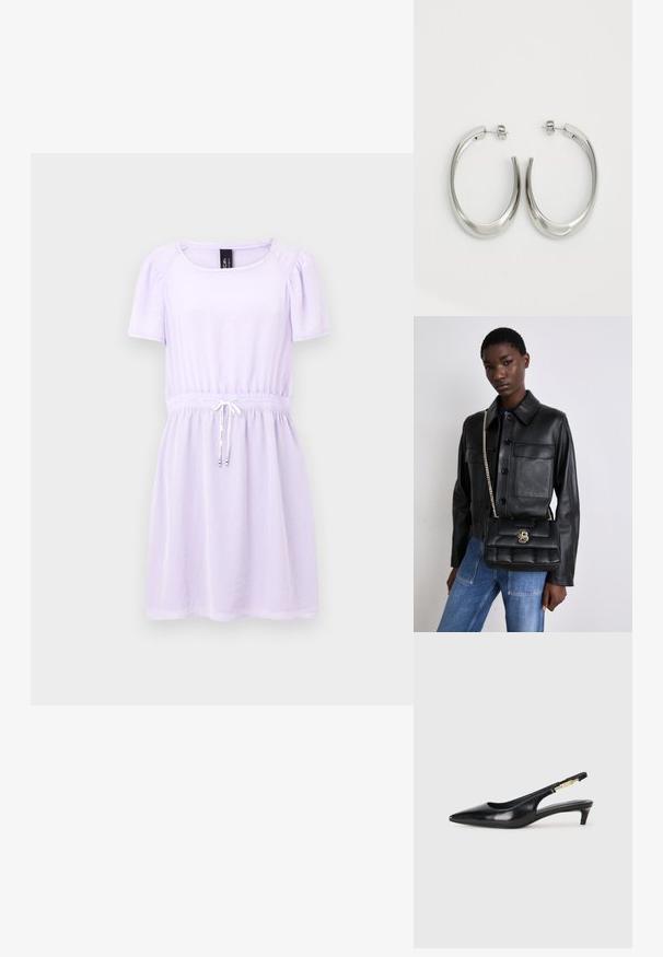 Lilac short-sleeve dress with gathered waist and drawstring detail, made from a soft, lightweight material. Features a square neckline.; Black leather slingback heels with a pointed toe, featuring a slim heel and a gold-tone accent on the adjustable strap. Smooth texture.; Black leather jacket with button closure and two front pockets, paired with a black quilted handbag featuring a gold clasp and chain strap.; Silver hoop earrings with a smooth, curved design. Features a shiny metallic finish and stud closure. No visible patterns or accents.
