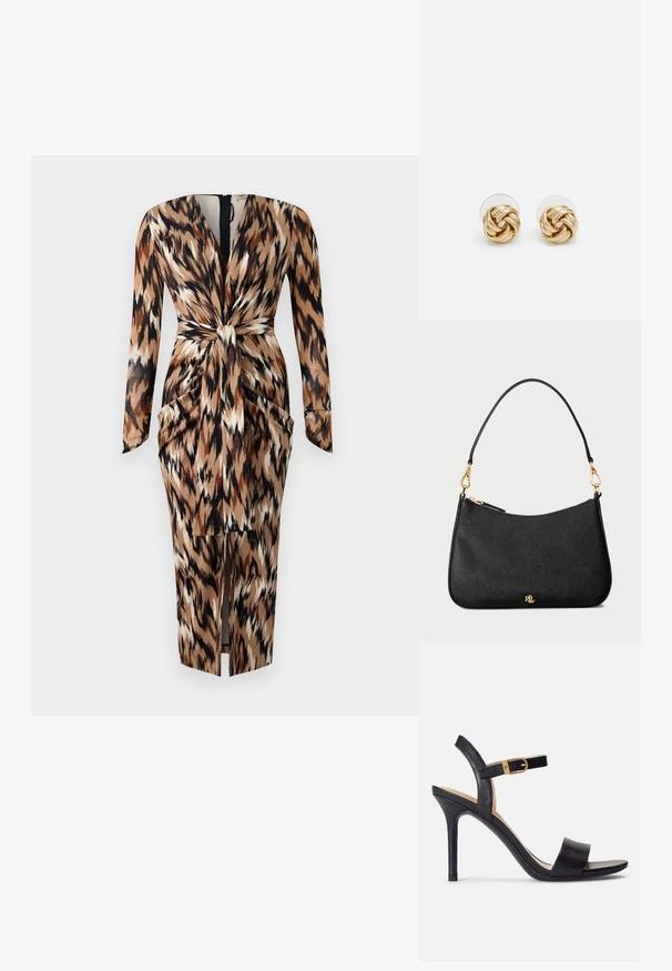 Diane von Furstenberg HADES DRESS - Kokteiļkleita/ballīšu kleita - camel; Melni augstpapēžu sandales ar gludu ādas augšdaļu, atvērtu purngalu un vienas siksniņas dizainu ar zelta sprādzi.; Melna ādas rokassoma ar strukturētu dizainu, kas aprīkota ar rāvējslēdzēju, noņemamu siksnu un zelta aparatūras akcentiem.; Zeltītu mezgla auskari ar vērptu dizainu. Katrs auskaru pāris ir aprīkots ar apaļu caurspīdīgu atbalstu drošai nēsāšanai.