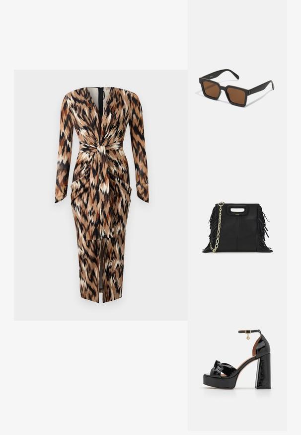 Diane von Furstenberg HADES DRESS - Koktejlové šaty / šaty na párty - camel; Maje Sandály na vysokém podpatku - noir; Černé sluneční brýle čtvercového tvaru s hnědými skly, s matným povrchem a zlatými akcenty na rámu. Design je úhlový s širokými nohami.; Černá kožená kabelka s třásněmi, zlatým řetízkovým ramenním popruhem a rukojetí s výřezem. Na přední straně se nachází logo.