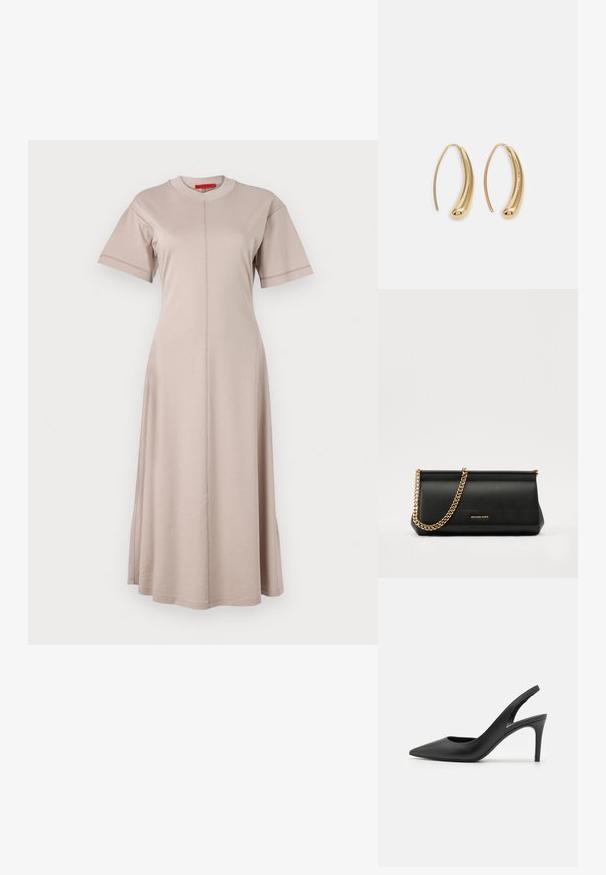 Vaalea puuvillasekoitteinen mekko, jossa on lyhyet hihat, pyöreä pääntie, pystysaumakuvio ja levenevä helma. Pehmeä kangas, jossa on sileä pinta.; Musta nahkainen slingback-korkokengät, joissa on terävä kärki, etuosassa leikkaus ja ohut stiletto-korko.; Musta nahkainen clutch-laukku, jossa on kultaketju, sileä pinta, suorakulmainen muoto ja kohokuvioitu brändimerkintä edessä.; Korvakorut kultasävytteistä metallista, joissa on kaareva, pitkänomainen muoto. Ominaisuuksiin kuuluu sileä, kiiltävä pinta ja pyöreä kärki lisäyksinä.