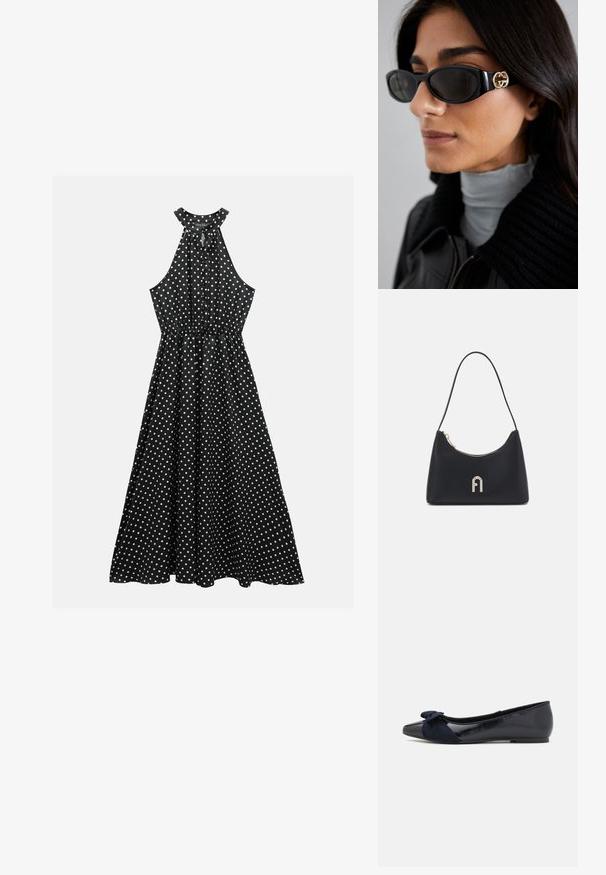 Čierne šaty s halter krkom s bielymi bodkami, priliehavým pásom a voľnou sukňou. Vyrobené z mäkkej látky s hladkou textúrou.; Námorné baletky s lesklým lakovaným povrchom a textúrovanou semišovou mašľou na špičke, s okrúhlou špičkou a plochou podrážkou.; Čierne slnečné okuliare s elegantným obdĺžnikovým rámom a zlatým logom na boku. Tmavé šošovky a lesklý povrch sú výrazné.; Čierna ramenná taška vyrobená z hladkého materiálu, s zakriveným tvarom, zlatým zipsom a zlatým embosovaným logom na prednej strane.