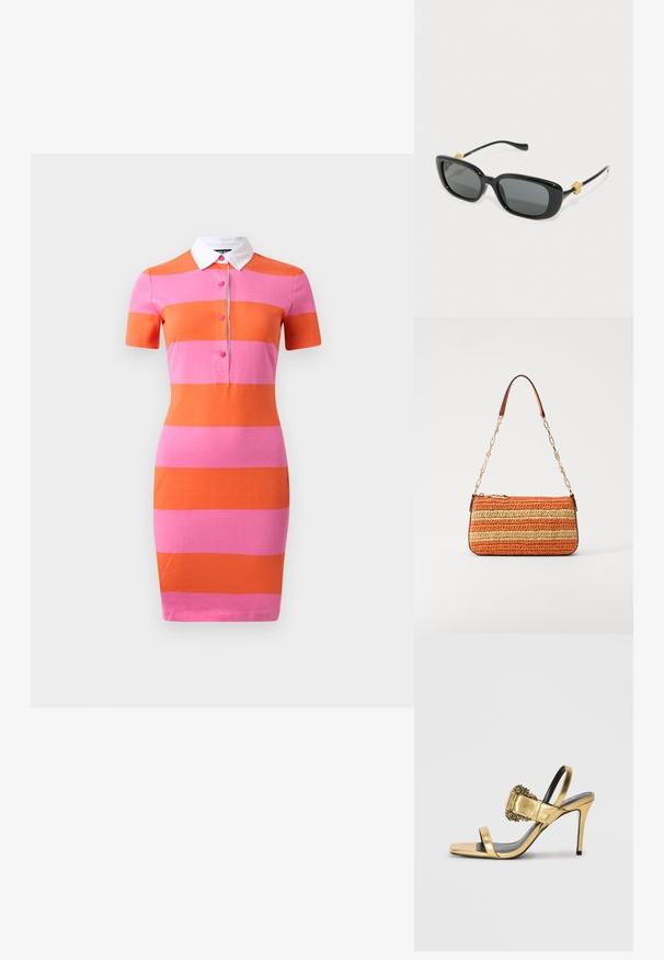 Polo kleit, millel on horisontaalsed triibud roosa ja oranži värviga, lühikesed varrukad, valge krae ja nööbitud esivars. Sile kangast tekstuur.; Kuldne metallist kõrge kontsaga sandaal kaunistava pandlaga ja kahe kitsas rihmaga üle jala. Must tald kontrastib läikiva pealsega.; Mustad ristkülikukujulised prillid hallide läätsedega ja kuldsete lõvik pea aksessuaaridega tempeltes. Sile plastikraam, stiilne disain.; Kootud kangast õlakott oranžides ja beežides triipudes, millel on kuldne kettrihm ja lukuga pealne sulgemine.