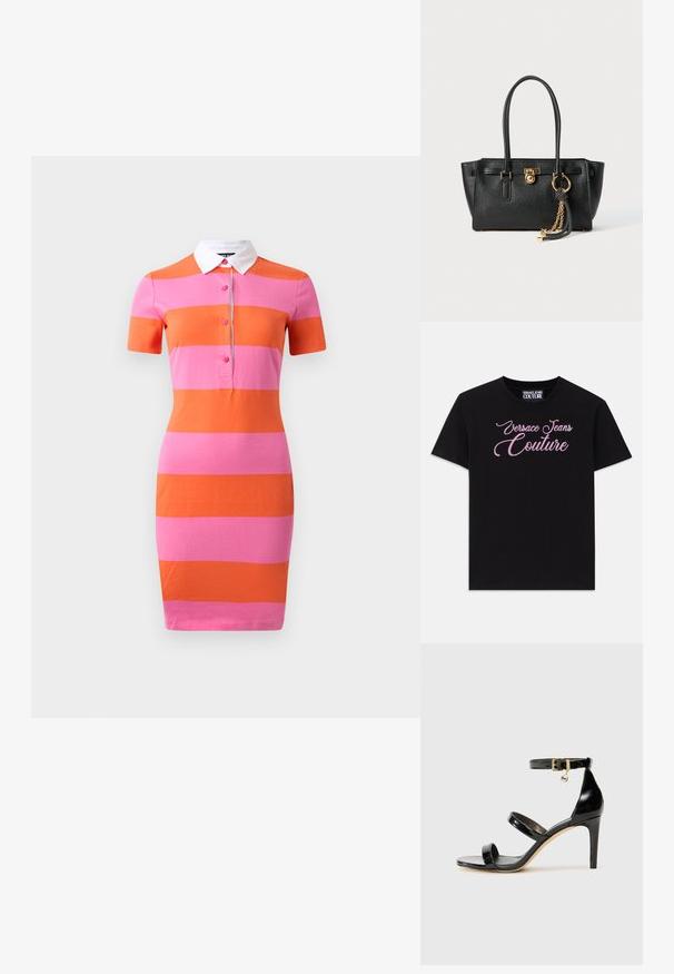 Polo-mekko, jossa on vaakasuoria raitoja pinkissä ja oranssissa, lyhyet hihat, valkoinen kaulus ja nappikiinnitys edessä. Sujuva kangas.; Musta puuvillapaita lyhyillä hihoilla, jossa vaaleanpunaisilla kivillä koristeltu "Versace Jeans Couture" -teksti rinnassa.; Musta patentoitu nahkasandaali, jossa on kolme hihnaa, nilkkasolki ja 4 tuuman stiletto-korko. Varustettu kultaisilla yksityiskohdilla ja logokoristeella.; Musta nahkainen käsilaukku, jossa on kaksinkertaiset kahvat, kultainen lukko ja ketjuyksityiskohta, sekä musta-valkoinen tupsu koriste, valkoista taustaa vasten.