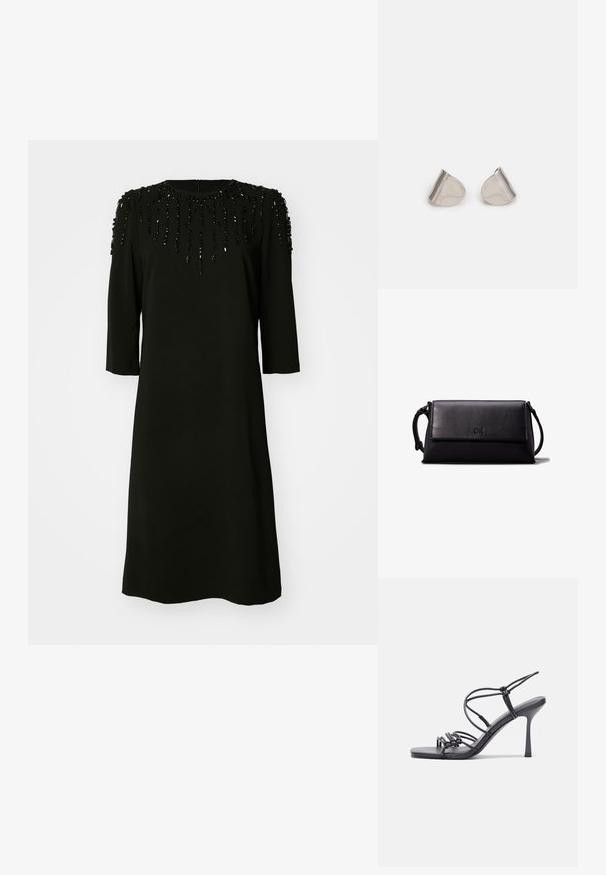 Mustmust eriline kleit ümmarguse kaelusega ja kolmeveerandvarrukatega. Kleidi põhi on kaunistatud helmed, mis on paigutatud vertikaalsesse mustrisse.; Mustad musta värvi kontsandaalid on varustatud peente rihmadega, millel on sõlmekujundus, siledad ruudukujulised varbad ja stiilne stilettokonts.; Mustast nahkclutch, millel on ristkülikuline kuju, sile tekstuur, lame klappkinnitus ja väike käepide külgedel. Omab peenelt logo.; Hõbedased metallkõrvarõngad sujuva pisarakuju ja poleeritud viimistlusega. Diskreetne graveering lisab detaile. Minimalistlik disain.