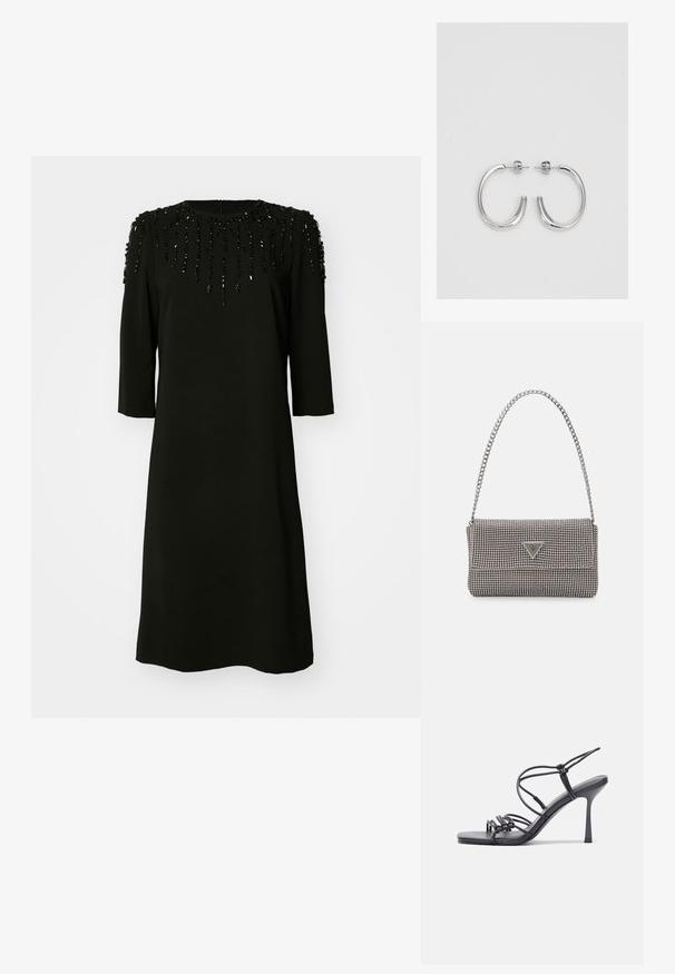 Rochie neagră cu guler rotund și mâneci până la trei sferturi. Bustul este decorat cu accente de mărgele dispuse într-un model vertical.; Sandale negre cu toc înalt au curele subțiri cu un design legat, un vârf pătrat neted și un toc stiletto elegant.; Geantă metalică gri deschis, cu un strap din lanț, decorată cu mici ținte circulare metalice și un logo de marcă triangular.; Cercei rotunzi din argint cu un finisaj neted și strălucitor. Design ușor, având o formă rotundă și închidere cu tijă.