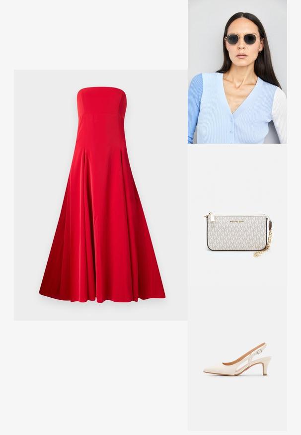 Rochie roșie fără bretele, cu un corset ajustat și o fustă largă, vaporoasă. Fabricată dintr-un material neted, cu pliseuri pentru mobilitate. Fără închideri vizibile.; Sandaie cu toc alb, cu vârful ascuțit, material superior neted, toc mic tip bloc și design cu decupaj lateral, cu curea ajustabilă.; Ochelari de soare rotunzi cu lentile întunecate și rame aurii. Modelul poartă un cardigan ribbed de culoare albastru deschis cu nasturi și mâneci albe în contrast.; Clutch Michael Kors din canva acoperit bej, cu un model repetitiv al logo-ului MK, accesorii din aur și o curea cu lanț detașabil.