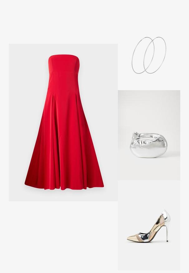 Beždžioniška raudona suknelė be petnešų, su prigludusia liemene ir plačiu, laisvai krintančiu sijonu. Pagaminta iš lygaus audinio su raukšlėmis judėjimui. Matomų uždarymo elementų nėra.; Aštrus pirštas aukštakulnis batelis su sidabro, aukso ir nuogų spalvų deriniu. Blizgus paviršius su išpjovos dizainu, su stiletto kulnu.; Sidabrinė metalinė maišelio forma su švelnia, apvalia forma ir mazgu užveriamu viršumi. Pagaminta iš lygios dirbtinės odos medžiagos.; Sidabrinės pusmėnulio auskarai minimalistiniu dizainu. Apskritimo forma, lygus paviršius ir plonas profilis. Lengvi su poliruotu apdailu.