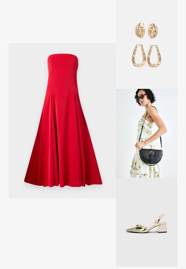 Robe rouge sans bretelles avec un corsage ajusté et une jupe large et fluide. Fabriquée en tissu lisse avec des plis pour le mouvement. Sans fermetures visibles.; Talons aiguilles dorés métalliques avec un bout pointu et un talon épais. Texture lisse, design minimaliste et une fine bride.; Sac à main en cuir noir avec une forme courbée, bandoulière amovible et des accessoires en or. Le sac est doté d'un rabat avec un détail de boucle.; Boucles d'oreilles dorées présentant des formes texturées et ondulées. Comprend des clips sculpturaux et un design de créoles ouvertes avec une finition martelée.