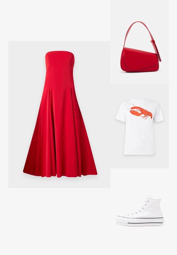 Bezplecu sarkans kleita ar pieguļošu korpusu un plašu plūstošu svārku. Izgatavota no gludas auduma ar krokām kustībai. Bez redzamām aizdara daļām.; Balta kokvilnas T-krekls ar lielu, spilgti sarkanu omāru grafiku uz priekšu. Īsas piedurknes un standarta apļveida kakla dizains.; Balti augstie kanvas sporta apavi ar melnu gumijas zoli, priekšējo gumijas purngalu un sešām acīm lencēm, kuriem ir tīrs, minimālistisks dizains.; Sarkans ādas rokassomi ar stūrainu, ģeometrisku dizainu. Iekļauj vienu regulējamu siksnu un vāku ar izšūtu detaļu.